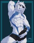  anthro athletic black_nose black_penis blue_eyes bulge canine clothed clothing erection feralise fur male mammal navel penis shorts simple_background solo topless white_fur wolf 