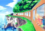  1girl blonde_hair grass sea train trees water windy 