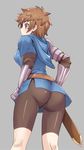  akari_seisuke armor ass bike_shorts blush brown_eyes brown_hair fighter_(granblue_fantasy) from_below genderswap genderswap_(mtf) gran_(granblue_fantasy) granblue_fantasy grey_background hood hoodie looking_back short_hair simple_background solo 