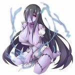  areolae barefoot black_hair black_sclera blue_skin breasts brll feet hair_in_mouth hair_over_one_eye large_breasts long_hair looking_at_viewer nipples red_eyes soles solo stitches toes tokyo_tenma torn_clothes very_long_hair 
