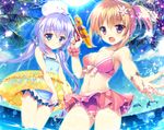  2girls animal bikini blue_eyes blue_hair blush breasts bubbles cleavage gochuumon_wa_usagi_desu_ka? hoto_kokoa kafuu_chino long_hair mikeou navel orange_hair purple_eyes sky swimsuit tree twintails water 