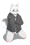  balls blue_eyes blush bottomless bulge canine clothed clothing covering covering_self cub dog embarrassed fur hoodie kneeling looking_at_viewer male mammal precum solo white_fur young 萌の傻蛋熊 