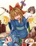  :d ^_^ alcohol beer beer_mug black_hair blue_hair bottle bow brown_hair chopsticks closed_eyes cup drunk food glass hair_bobbles hair_bow hair_ornament hat holding holding_cup horns ibuki_suika japanese_clothes kawashiro_nitori kazaguruma kimono long_hair multiple_girls open_mouth purple_bow red_bow shameimaru_aya short_hair sleeping smile tokin_hat touhou 