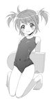  absurdres barefoot chocola_(artist) flat_chest flower greyscale hair_flower hair_ornament highres kickboard kneeling monochrome old_school_swimsuit one-piece_swimsuit original school_swimsuit short_hair solo swimsuit transparent_background twintails two_side_up 