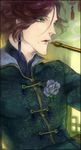  1boy brown_hair chinese_clothes diabolik_lovers eyelashes flower green green_eyes male_focus mole mole_under_mouth nozoki_davis open_mouth pipe sakamaki_laito single_earring smoke smoking solo traditional_clothes upper_body 