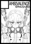  breasts commentary_request cover cover_page doujin_cover fingerless_gloves floating floating_object gloves greyscale headgear kantai_collection long_hair looking_at_viewer minazuki_tsuyuha monochrome murakumo_(kantai_collection) outstretched_arms remodel_(kantai_collection) sidelocks small_breasts solo 