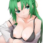  areolae black_bra bra breasts clenched_teeth green_eyes green_hair hair_ribbon higurashi_no_naku_koro_ni large_breasts long_hair nemu_(nebusokugimi) nipples ribbon simple_background smile solo sonozaki_shion teeth underwear white_background yellow_ribbon 