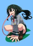  :d asui_tsuyu big_eyes black_legwear blazer blue_background blush boku_no_hero_academia breasts brown_eyes brown_footwear caffein collared_shirt commentary_request fingernails floating_hair frog_girl full_body green_eyes green_hair green_skirt grey_jacket hair_between_eyes hair_rings hands jacket kneehighs large_breasts large_hands lily_pad loafers long_hair long_sleeves long_tongue looking_at_viewer low-tied_long_hair necktie open_hands open_mouth pleated_skirt red_neckwear round_teeth school_uniform shirt shoes simple_background skirt smile solo spread_fingers squatting teeth tongue tongue_out v_arms very_long_tongue white_shirt wing_collar 