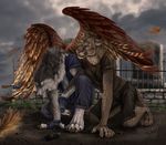  5_fingers anthro duo feathers fur outside overcast sidonie tagme wings 