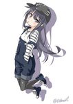  akatsuki_(kantai_collection) alternate_costume anchor_symbol bangs black_legwear blue_footwear blush collarbone ebifurya eyebrows eyebrows_visible_through_hair flat_cap full_body hands_in_pockets hat highres kantai_collection long_hair looking_at_viewer mouth_hold pantyhose purple_eyes purple_hair shadow shirt shoes sidelocks simple_background solo strap_slip striped striped_shirt twitter_username white_background 