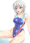  anastasia_(idolmaster) blue_eyes competition_swimsuit cosplay idolmaster idolmaster_cinderella_girls idolmaster_cinderella_girls_starlight_stage kirisaki_byakko nitta_minami nitta_minami_(cosplay) one-piece_swimsuit open_mouth short_hair silver_hair sitting swimsuit wet 