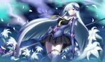  armor fate/grand_order fate/prototype fate_(series) flowers gray_hair headdress kauto lancer_(fate/grand_order) long_hair night petals purple_eyes sky spear stockings thighhighs weapon 