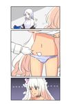  2girls absurdres arrow bad_id bad_pixiv_id belly_grab choker comic despair empty_eyes gloves highres long_hair lulu_heika messy_hair multiple_girls navel panties pinching silver_hair smile south_dakota_(zhan_jian_shao_nyu) striped striped_panties tan underwear undressing very_long_hair washington_(zhan_jian_shao_nyu) weight_conscious white_gloves zhan_jian_shao_nyu 