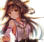  backlighting bangs bare_shoulders breasts brown_hair collarbone detached_sleeves double_bun eyebrows eyebrows_visible_through_hair gomano_rio gradient_hair headgear kantai_collection kongou_(kantai_collection) long_hair long_sleeves looking_at_viewer medium_breasts multicolored_hair nontraditional_miko open_mouth ribbon simple_background sleeveless solo twitter_username two-tone_hair upper_body white_background yellow_eyes yellow_ribbon 