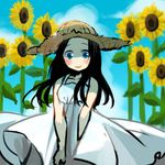  black_hair blue_eyes blush coppelion day dress flower hat ikarimame long_hair looking_at_viewer outdoors ozu_shion sky smile solo straw_hat sundress sunflower white_dress 