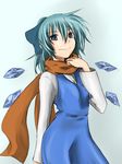  blue_dress blue_eyes blue_hair bow cirno cirno-nee dress hair_bow ice ice_wings konosuke_dagame long_hair long_sleeves looking_at_viewer scarf simple_background smile solo touhou wings 