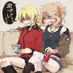  arm_around_shoulder blonde_hair blue_eyes blush commentary_request crossed_legs cup darjeeling dog_tags girls_und_panzer groin kay_(girls_und_panzer) legs_together long_hair messy_hair military military_uniform multiple_girls off_shoulder ree_(re-19) saucer saunders_military_uniform short_hair skirt st._gloriana's_military_uniform sweat tea teacup thighhighs translated uniform white_legwear 