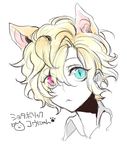 1boy animal_ears blonde_hair blue_eyes cat_ears child closed_mouth diabolik_lovers eyelashes hair_over_one_eye heterochromia looking_at_viewer male_focus mukami_kou nozoki_davis partially_colored pink_eyes ponytail simple_background slit_pupils solo white_background younger 