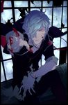  1boy blood bracelet chains closed_mouth diabolik_lovers frown glass glowing_eyes hair_over_one_eye looking_at_viewer male_focus necklace nozoki_davis outstretched_arm red_eyes sakamaki_subaru school_uniform sharp_nails sitting solo torn_clothes uniform v-neck vampire white_hair 