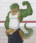  abs anthro badcoyote balls biceps clothed clothing dinosaur erection flexing gym looking_at_viewer male mammal muscular muscular_male pecs penis pinup pose shirt shorts solo standing theropod tight_clothing tyrannosaurus_rex uncut vein veiny_penis 