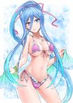  aoki_hagane_no_arpeggio ass_visible_through_thighs bikini blue_eyes blue_hair bracelet breasts cleavage earrings frilled_bikini frills front-tie_top hair_ribbon jewelry large_breasts long_hair mole mole_under_mouth navel necklace ponytail ribbon shawl side-tie_bikini solo swimsuit takao_(aoki_hagane_no_arpeggio) very_long_hair y2 