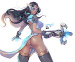  absurdres ass breasts brown_eyes cameltoe change_(437483723) covered_nipples dark_skin earrings from_behind gloves highres jewelry large_breasts overwatch simple_background solo symmetra_(overwatch) thighs white_background 