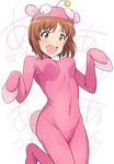  anglerfish_costume anglerfish_dance blush bodysuit bouncing_breasts breasts brown_eyes brown_hair girls_und_panzer heart highres nishizumi_miho pink_bodysuit small_breasts solo tsurui white_background 