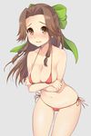  bikini blush bow breasts brown_eyes brown_hair cowboy_shot crossed_arms embarrassed green_bow groin hair_bow jintsuu_(kantai_collection) kantai_collection large_breasts leaning_forward legs_apart long_hair looking_at_viewer micro_bikini navel open_mouth plum_(arch) red_bikini red_ribbon ribbon side-tie_bikini sidelocks simple_background solo stomach swimsuit white_background 