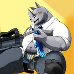  anthro belt biceps blush briefcase clothing eyes_closed front_view hi_res holding_object horn legwear male mammal manly mature_male necktie open_mouth pants pecs relaxing rhinoceros saliva shiba-kenta shirt simple_background sitting socks solo teeth tongue underwear work 