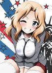  ;d american_flag american_flag_print between_breasts between_legs blonde_hair blue_eyes blush bra bra_through_clothes breasts flag_print girls_und_panzer hand_between_legs highres kay_(girls_und_panzer) necktie necktie_between_breasts nekota_susumu one_eye_closed open_mouth print_bra saunders_school_uniform see-through shirt skirt smile solo statue_of_liberty striped thighhighs thighs underwear wet wet_clothes wet_shirt white_legwear 