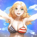  :d american_flag_bikini aos armpits asymmetrical_bangs bangs bare_arms bare_shoulders bikini bikini_top blonde_hair blue_eyes blue_sky breasts cleavage cloud day flag_print foreshortening girls_und_panzer grin hair_between_eyes halter_top halterneck horizontal_stripes kay_(girls_und_panzer) large_breasts long_hair looking_at_viewer open_mouth outdoors outstretched_arms sky smile solo star star_print striped swimsuit teeth upper_body water water_drop wet 