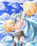  :d absurdly_long_hair aqua_eyes aqua_hair arm_up armpits blush cloud cowboy_shot crop_top daidou_(demitasse) day detached_sleeves hair_ribbon hatsune_miku highres long_hair looking_at_viewer midriff navel necktie open_mouth pink_neckwear pleated_skirt pom_poms ribbon skirt sky smile solo strapless sunlight sweat teeth thighhighs tubetop twintails very_long_hair vocaloid water_drop wind wind_lift zettai_ryouiki 