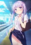  bag blush breasts cloud commentary_request day flower hair_flower hair_ornament hirari long_hair looking_at_viewer new_game! no_panties open_mouth pleated_skirt purple_eyes purple_hair pussy pussy_peek railroad_tracks school_uniform shoulder_bag skirt skirt_lift sky small_breasts solo suzukaze_aoba sweat tactile_paving train_station twintails 