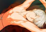  akiyoshi_haru arms_up bed_sheet eyebrows eyebrows_visible_through_hair grey_eyes looking_at_viewer ludger_will_kresnik lying male_focus nipples on_back shirtless solo tales_of_(series) tales_of_xillia upper_body upside-down white_hair 