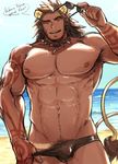  1boy abs bara beach copyright_request glasses ki_ichi_(arbbun) looking_at_viewer msucle nipples ocean solo summer tattoo text topless undressing 