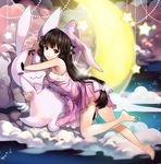  :3 animal_hat bare_shoulders barefoot bent_over blush_stickers breasts brown_hair bunny_hat chushengdao cloud crescent_moon full_body hat head_tilt highres lingerie long_hair low-tied_long_hair medium_breasts million_arthur_(series) moon negligee off_shoulder one_knee pink_eyes solid_oval_eyes solo star stuffed_animal stuffed_bunny stuffed_toy underwear very_long_hair 