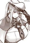  2016 breasts gloves graf_zeppelin_(kantai_collection) hat iron_cross kantai_collection kurokawa_otogi large_breasts looking_at_viewer monochrome ponytail solo white_hat 