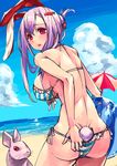  akanagi_youto animal_ears ass ball bare_shoulders beach beach_umbrella beachball bikini blue_sky breasts bunny bunny_ears cloud cloudy_sky covered_nipples cowboy_shot day from_behind front-tie_bikini front-tie_top halter_top halterneck highres large_breasts looking_at_viewer looking_back outdoors parted_lips purple_hair red_eyes reisen_udongein_inaba sand side-tie_bikini sketch sky solo standing striped striped_bikini swimsuit touhou umbrella 
