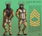 2014 abs anthro antlers balls beard biceps black_nose blue_eyes body_hair brown_fur brown_hair brown_nipples chest_hair deer digital_media_(artwork) english_text erection facial_hair fur green_background hair hand_on_hip happy_trail hooves horn humanoid_penis james_buchanan male model_sheet multicolored_fur muscular muscular_male navel nipples nude pecs penis pubes rov signature simple_background smile solo spots standing text uncut white_fur 