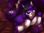  anthro athletic biceps big_muscles black_hair black_nose blue_eyes canine folf fox fur hair hi_res hybrid istani looking_at_viewer lying male mammal muscular muscular_male nude on_front pecs purple_fur purple_hair rope shyloc solo white_fur wolf 