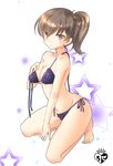  alternate_costume arm_support bare_arms bare_legs bikini blue_background blue_bikini breasts brown_eyes brown_hair chize collarbone embarrassed eyebrows eyebrows_visible_through_hair frilled_bikini frills from_side full_body hair_between_eyes hand_on_own_chest kaga_(kantai_collection) kantai_collection kneeling looking_at_viewer medium_breasts navel side-tie_bikini side_ponytail solo star starry_background stomach swimsuit thighs toes untied untied_bikini white_background 