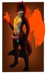  animal_genitalia anthro canine canine_genitalia detruo fire fire_wings fireball kain_sakamoto knot male mammal penis tattoo wolf 