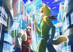  anthro avian belt bird black_nose brown_fur building canine city clothing cloud detailed_background duo english_text falco_lombardi fingerless_gloves fox fox_mccloud fur gloves hi_res jacket japanese_text kiiko male mammal nintendo open_mouth scarf star_fox text video_games white_fur 