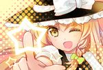  ;d blonde_hair bow braid hair_bow hat hat_bow kirisame_marisa nagare one_eye_closed open_mouth side_braid smile solo star touhou white_bow witch_hat yellow_eyes 