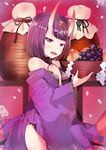  714_(leg200kr) :d bare_shoulders bob_cut eyebrows eyebrows_visible_through_hair fangs fate/grand_order fate_(series) food fruit grapes horns japanese_clothes kimono looking_at_viewer oni oni_horns open_mouth purple_eyes purple_hair short_hair shuten_douji_(fate/grand_order) smile solo wide_sleeves 