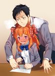  1girl @_@ black_hair blush bow drawing full-face_blush gekkan_shoujo_nozaki-kun hair_bow holding holding_pen long_hair long_sleeves nozaki_umetarou open_mouth orange_hair paper pen polka_dot polka_dot_bow purple_eyes rouman_academy_uniform sakura_chiyo school_uniform short_hair shovelwell steam 