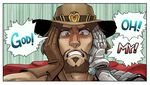 1boy artist_name beard brown_eyes brown_gloves brown_hair close-up cowboy_hat emphasis_lines english facial_hair gloves hands_on_own_cheeks hands_on_own_face hat jojo_no_kimyou_na_bouken male_focus mccree_(overwatch) mechanical_arm overwatch parody solo teeth wallabri 