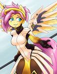  2016 ambris anthro anthrofied breasts cosplay crossover equine eyelashes female fluttershy_(mlp) friendship_is_magic hair hi_res horse mammal mercy_(overwatch) my_little_pony overwatch pink_hair pony smile solo teal_eyes video_games 