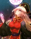  black_nails blonde_hair chinese_clothes full_moon hat junko_(touhou) long_hair looking_up moon nagare nail_polish open_mouth red_eyes solo tabard touhou upper_body very_long_hair wide_sleeves 