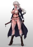 bikini boots breasts brown_eyes cameltoe cleavage covered_nipples dark_skin gradient gradient_background high_heel_boots high_heels large_breasts legs long_hair long_legs lowleg lowleg_bikini midriff open_clothes original rindou_(radical_dream) sheath sheathed simple_background solo swimsuit sword thighs underboob weapon white_hair 